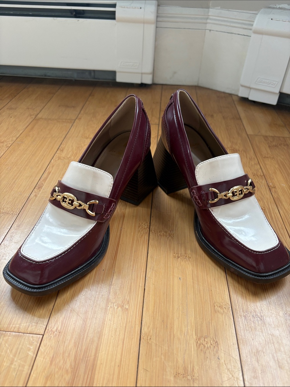 Sam Edelman Burgundy and White Patent Leather Block Heel Loafers